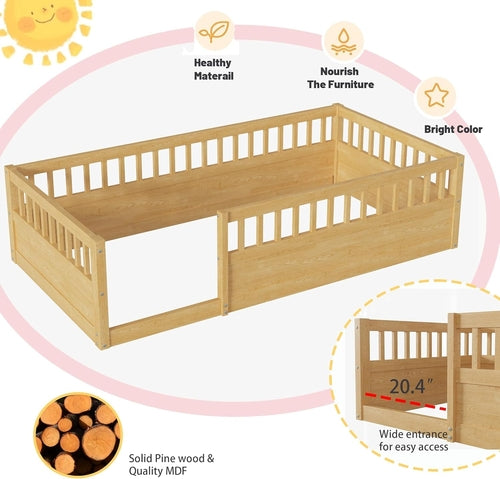 Twin Montessori Floor Bed with High Fence Natural