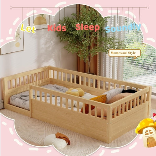 Twin Montessori Floor Bed with High Fence Natural